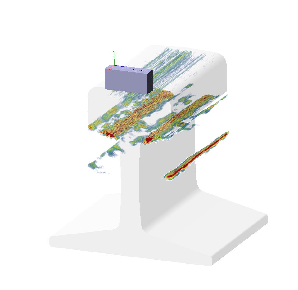 TFMデータの3D表示例。試験体形状に反射源の分布が重ねて表示されている